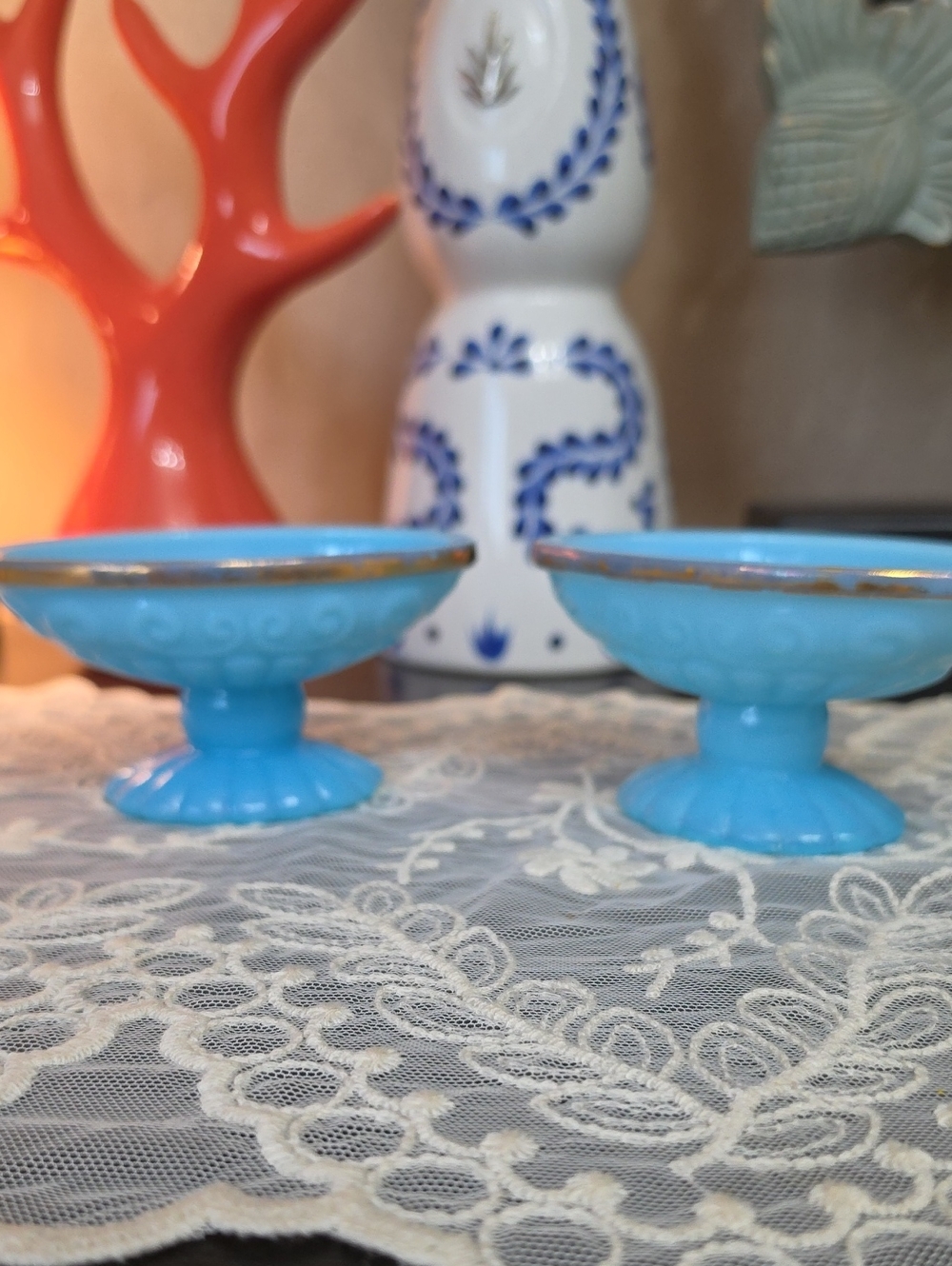 VTG Avon Bristol Blue glass pedestal soap dishes blue opaline ,gilded rim ,ring